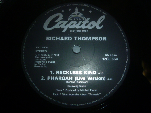 画像: RICHARD THOMPSON/RECKLESS KIND (12")
